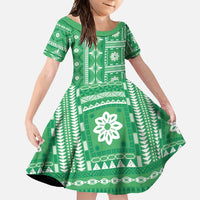 Fiji Masi All Green Family Matching Short Sleeve Bodycon Dress and Hawaiian Shirt Tapa Pattern LT01 Daughter's Dress Green - Polynesian Pride