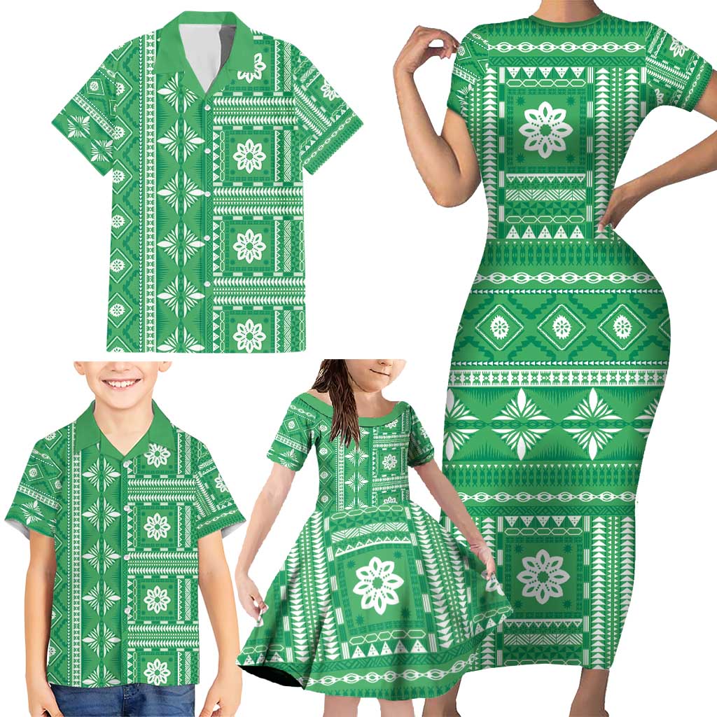Fiji Masi All Green Family Matching Short Sleeve Bodycon Dress and Hawaiian Shirt Tapa Pattern LT01 - Polynesian Pride