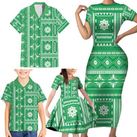 Fiji Masi All Green Family Matching Short Sleeve Bodycon Dress and Hawaiian Shirt Tapa Pattern LT01 - Polynesian Pride
