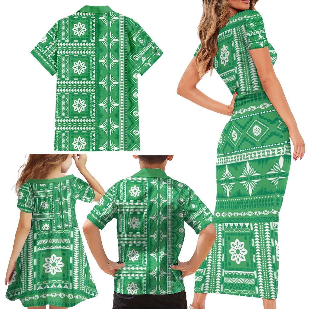 Fiji Masi All Green Family Matching Short Sleeve Bodycon Dress and Hawaiian Shirt Tapa Pattern LT01 - Polynesian Pride