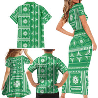 Fiji Masi All Green Family Matching Short Sleeve Bodycon Dress and Hawaiian Shirt Tapa Pattern LT01 - Polynesian Pride
