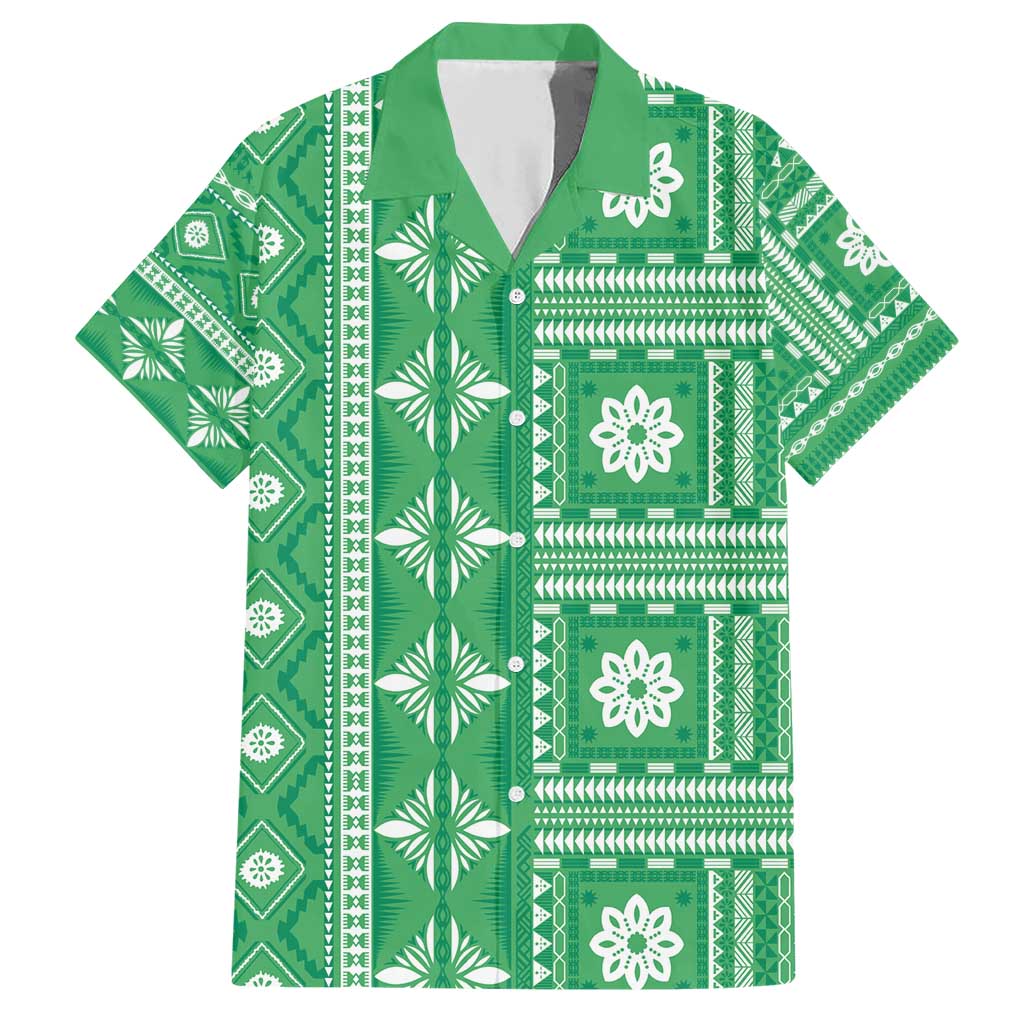 Fiji Masi All Green Family Matching Short Sleeve Bodycon Dress and Hawaiian Shirt Tapa Pattern LT01 Dad's Shirt - Short Sleeve Green - Polynesian Pride