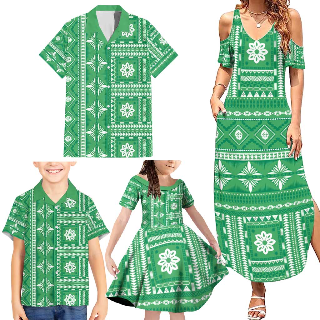 Fiji Masi All Green Family Matching Summer Maxi Dress and Hawaiian Shirt Tapa Pattern LT01 - Polynesian Pride
