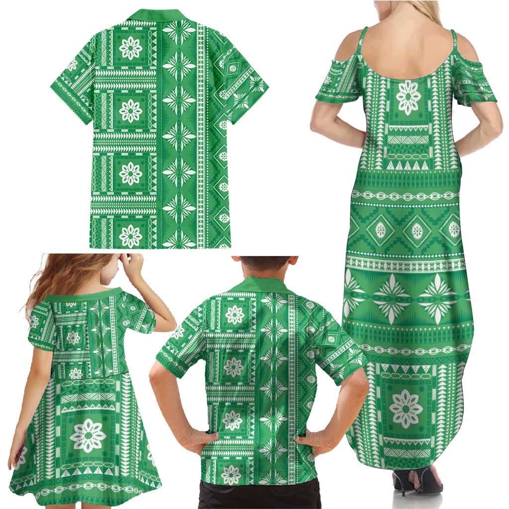 Fiji Masi All Green Family Matching Summer Maxi Dress and Hawaiian Shirt Tapa Pattern LT01 - Polynesian Pride