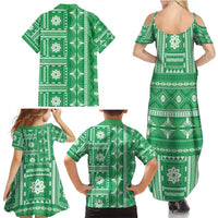 Fiji Masi All Green Family Matching Summer Maxi Dress and Hawaiian Shirt Tapa Pattern LT01 - Polynesian Pride