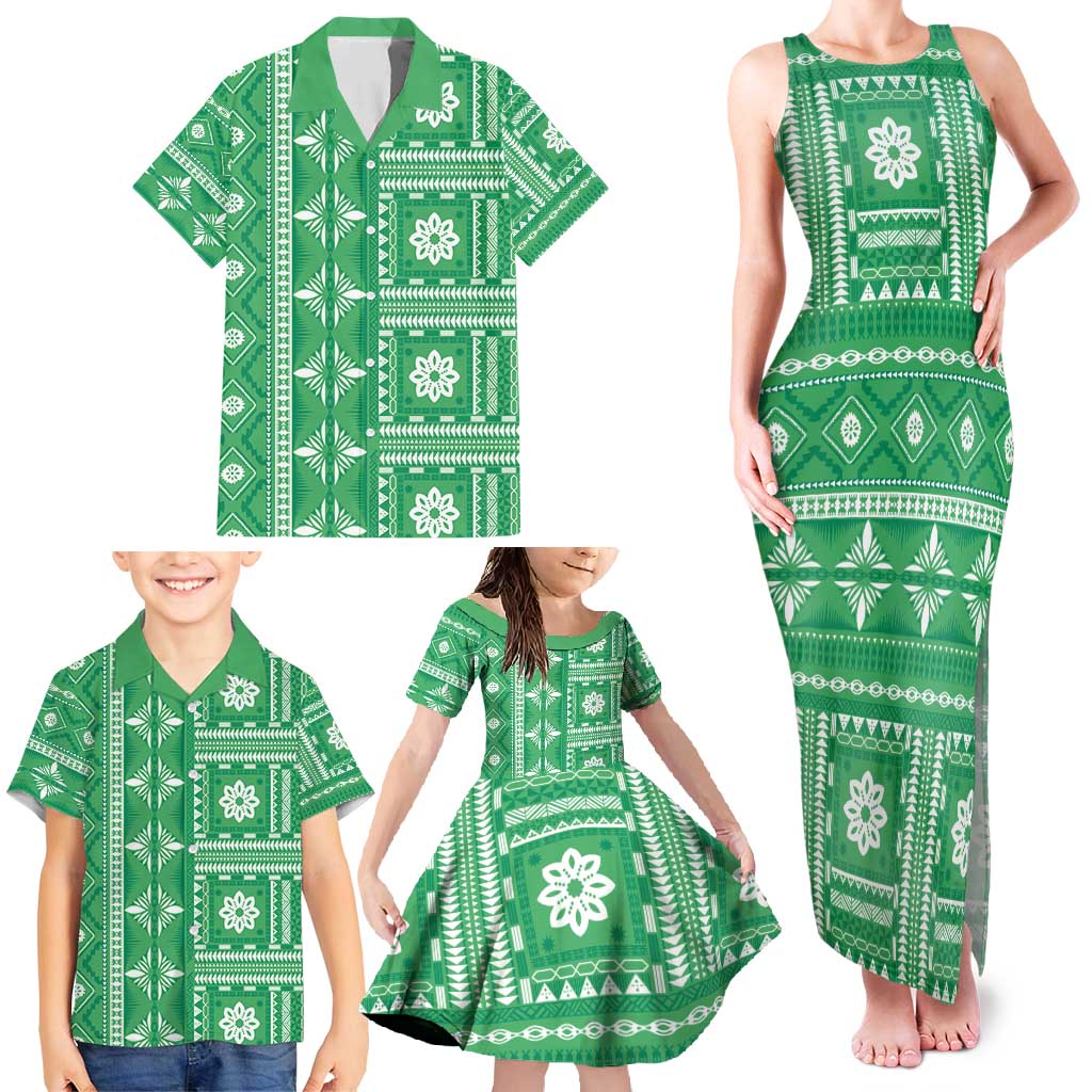 Fiji Masi All Green Family Matching Tank Maxi Dress and Hawaiian Shirt Tapa Pattern LT01 - Polynesian Pride
