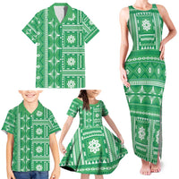 Fiji Masi All Green Family Matching Tank Maxi Dress and Hawaiian Shirt Tapa Pattern LT01 - Polynesian Pride
