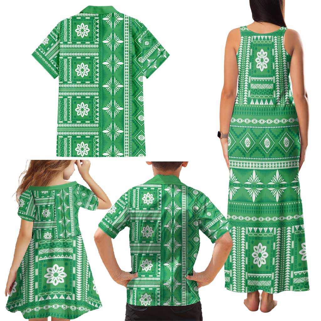 Fiji Masi All Green Family Matching Tank Maxi Dress and Hawaiian Shirt Tapa Pattern LT01 - Polynesian Pride