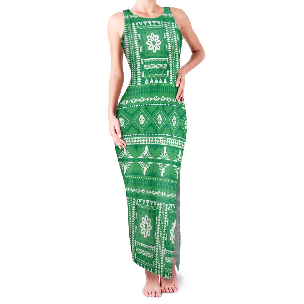 Fiji Masi All Green Family Matching Tank Maxi Dress and Hawaiian Shirt Tapa Pattern LT01 Mom's Dress Green - Polynesian Pride