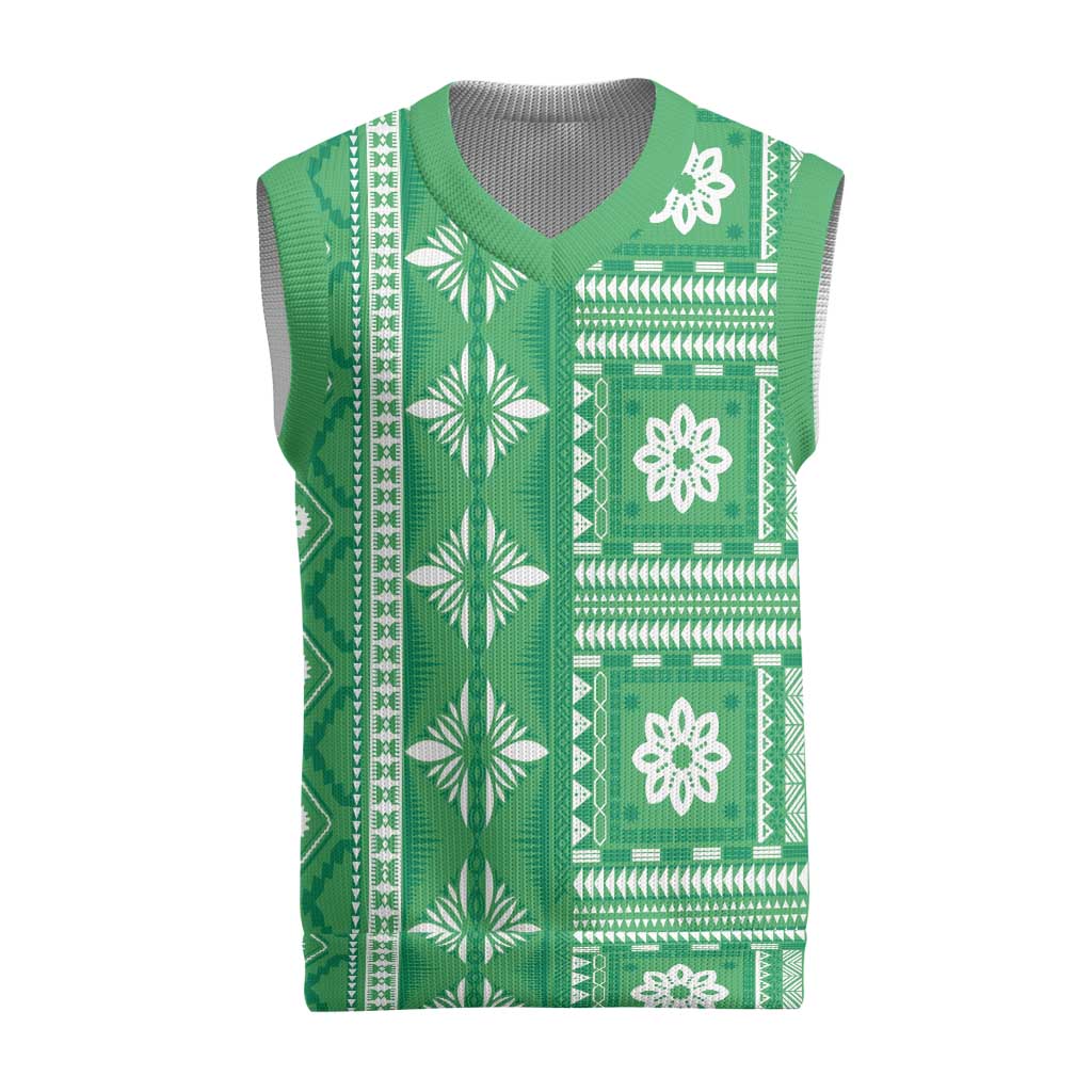 Fiji Masi All Green Christmas Knitted V-Neck Vest Tapa Pattern LT01 Green - Polynesian Pride