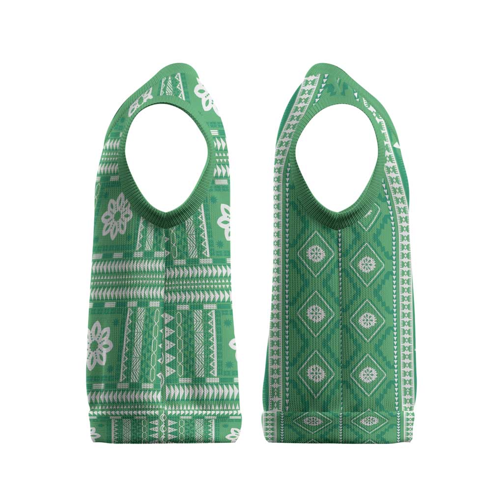 Fiji Masi All Green Christmas Knitted V-Neck Vest Tapa Pattern LT01 - Polynesian Pride