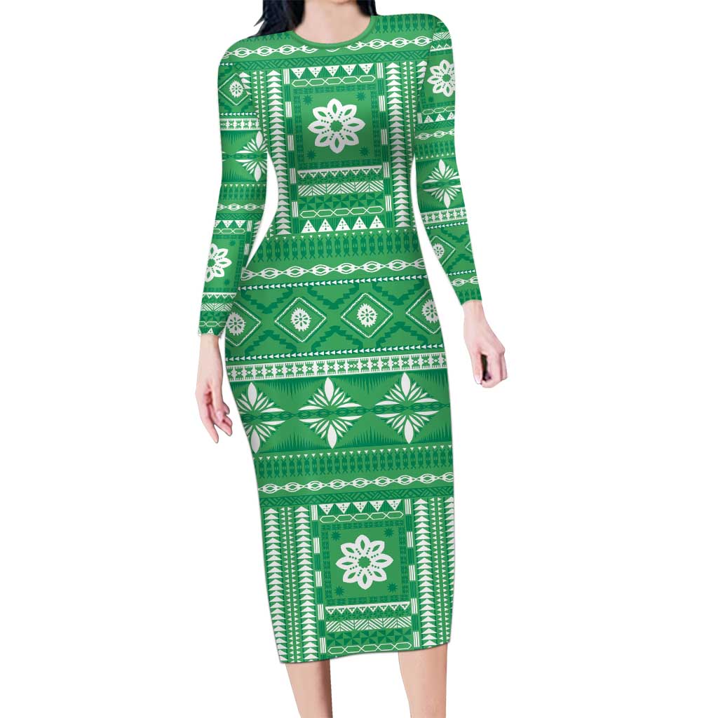 Fiji Masi All Green Long Sleeve Bodycon Dress Tapa Pattern LT01 Long Dress Green - Polynesian Pride