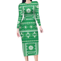 Fiji Masi All Green Long Sleeve Bodycon Dress Tapa Pattern LT01 Long Dress Green - Polynesian Pride