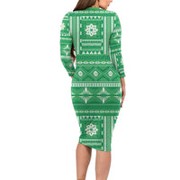 Fiji Masi All Green Long Sleeve Bodycon Dress Tapa Pattern LT01 - Polynesian Pride
