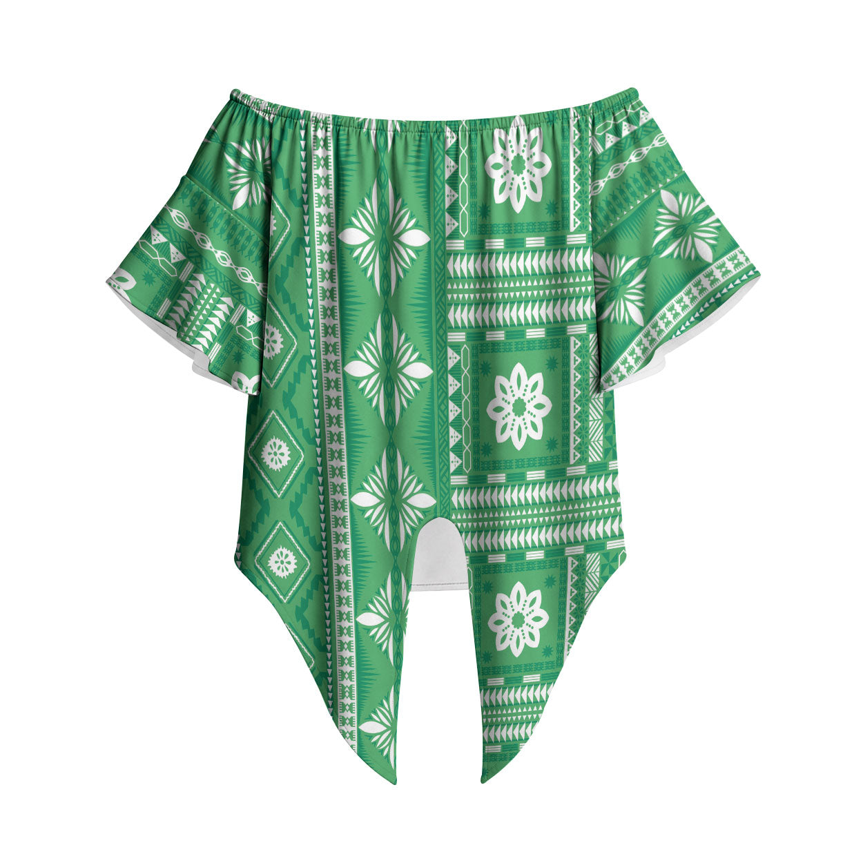 Fiji Masi All Green Off Shoulder Wrap Waist Top Tapa Pattern LT01 Green - Polynesian Pride