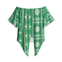Fiji Masi All Green Off Shoulder Wrap Waist Top Tapa Pattern LT01 Green - Polynesian Pride