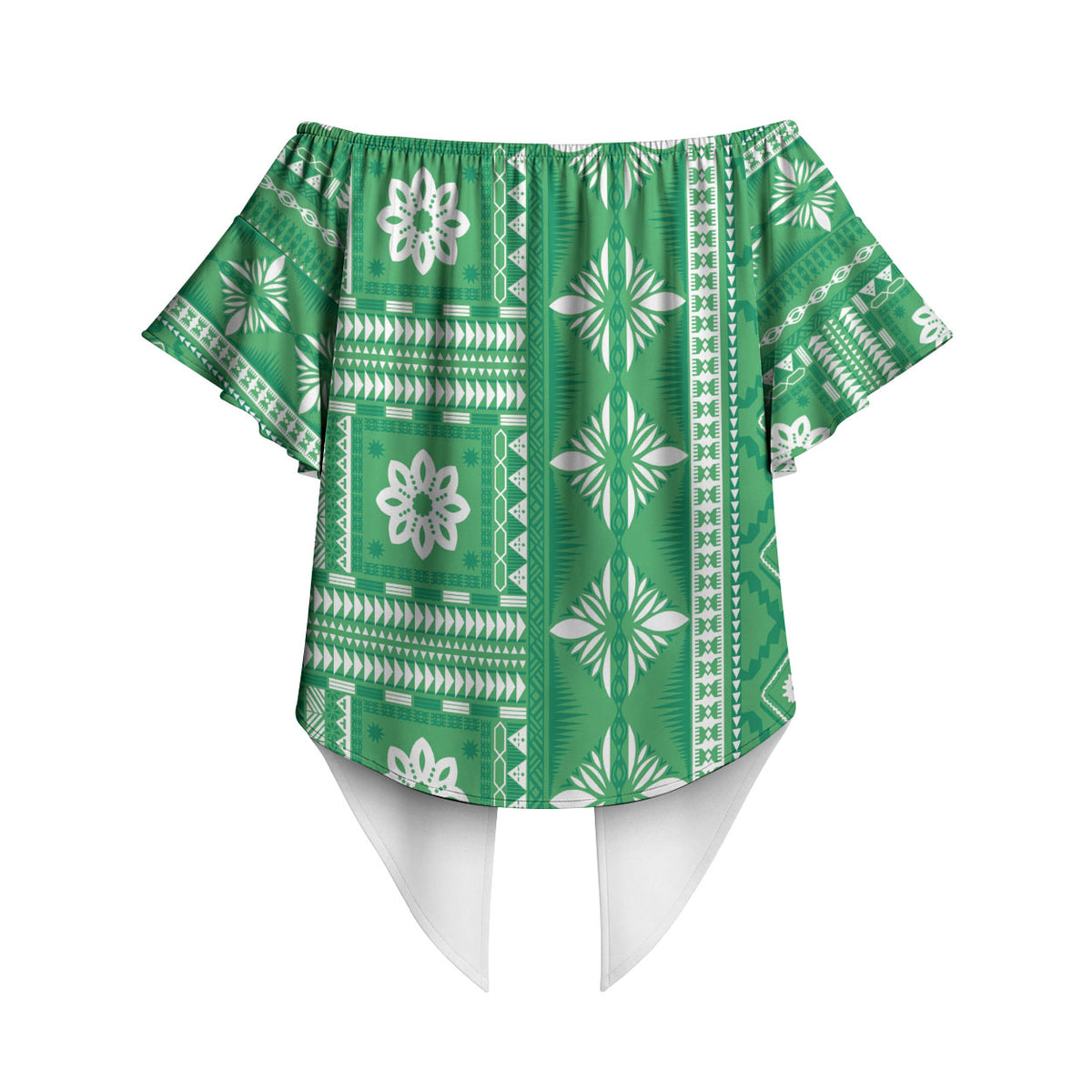 Fiji Masi All Green Off Shoulder Wrap Waist Top Tapa Pattern LT01 - Polynesian Pride