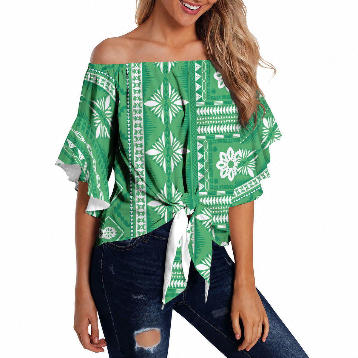 Fiji Masi All Green Off Shoulder Wrap Waist Top Tapa Pattern LT01 - Polynesian Pride