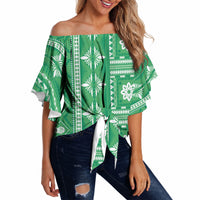 Fiji Masi All Green Off Shoulder Wrap Waist Top Tapa Pattern LT01 - Polynesian Pride