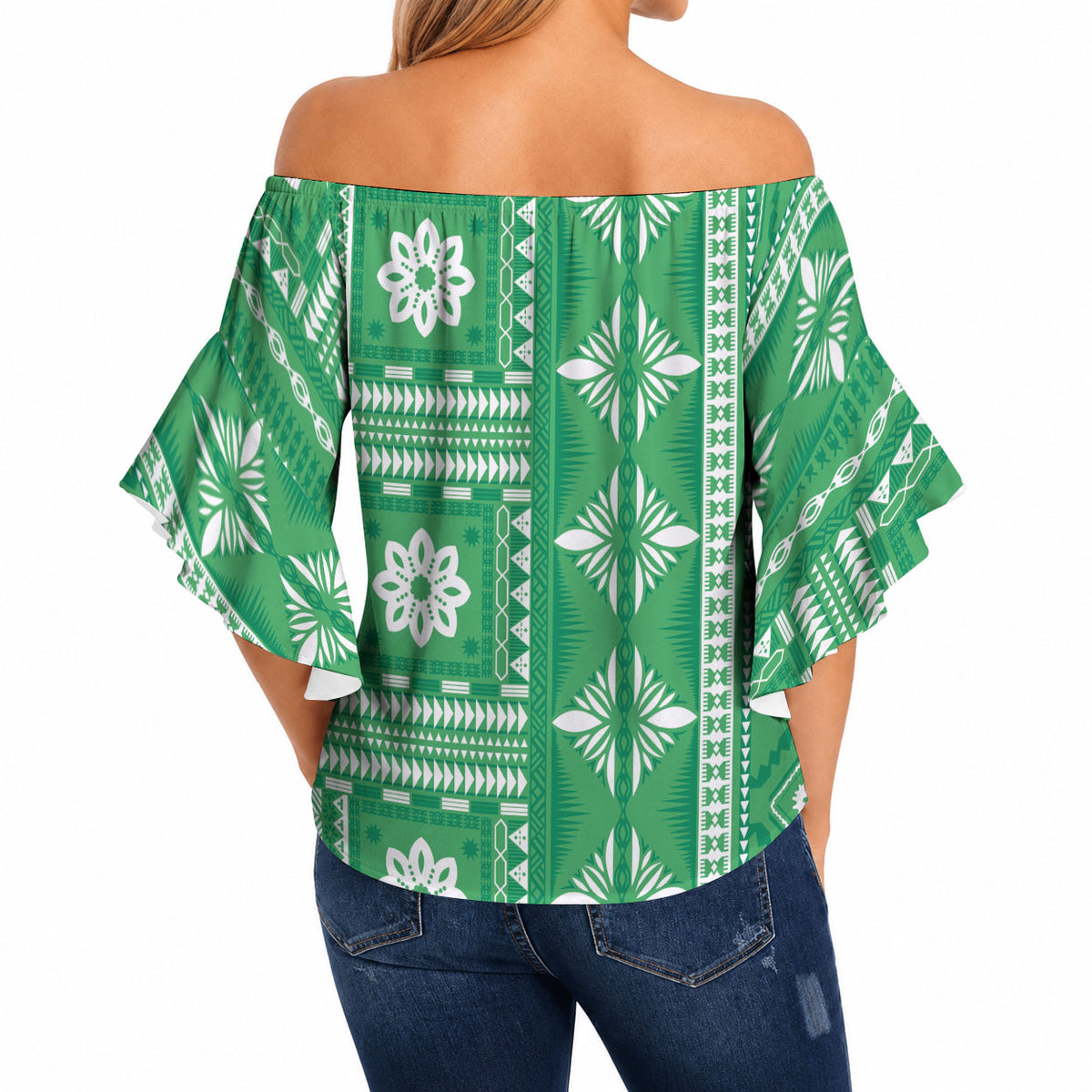 Fiji Masi All Green Off Shoulder Wrap Waist Top Tapa Pattern LT01 - Polynesian Pride