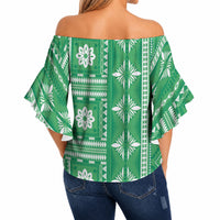 Fiji Masi All Green Off Shoulder Wrap Waist Top Tapa Pattern LT01 - Polynesian Pride