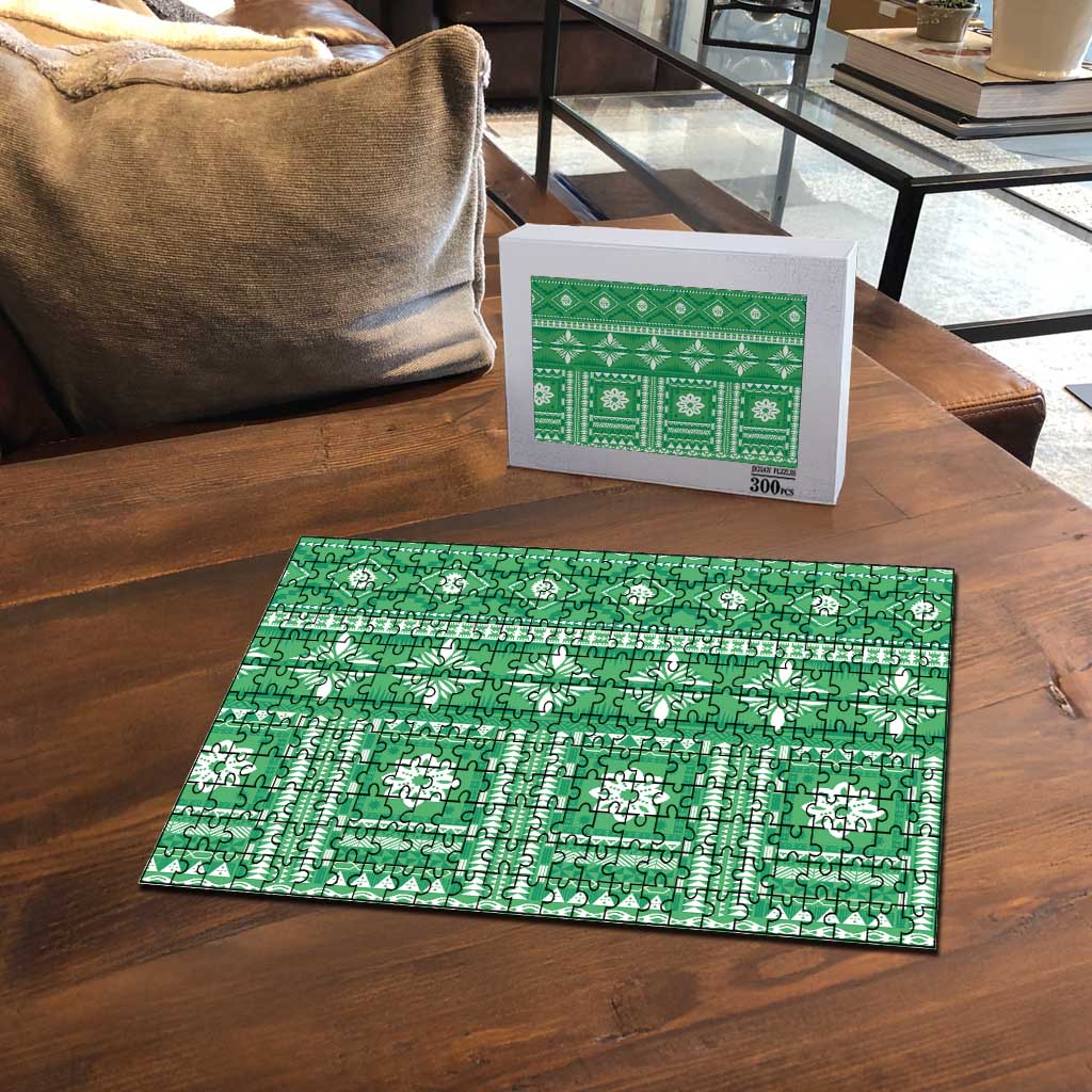 Fiji Masi All Green Puzzle Tapa Pattern - Polynesian Pride