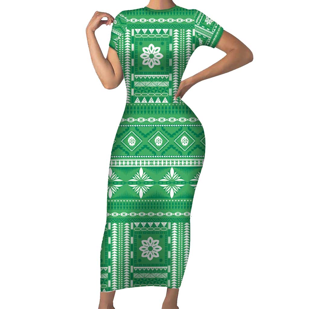 Fiji Masi All Green Short Sleeve Bodycon Dress Tapa Pattern LT01 Long Dress Green - Polynesian Pride