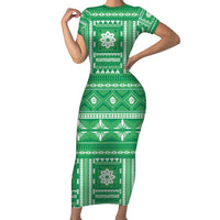 Fiji Masi All Green Short Sleeve Bodycon Dress Tapa Pattern LT01 Long Dress Green - Polynesian Pride