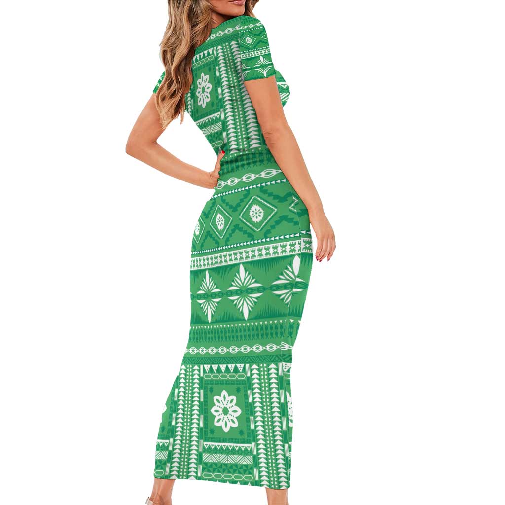 Fiji Masi All Green Short Sleeve Bodycon Dress Tapa Pattern LT01 - Polynesian Pride