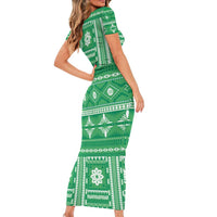 Fiji Masi All Green Short Sleeve Bodycon Dress Tapa Pattern LT01 - Polynesian Pride