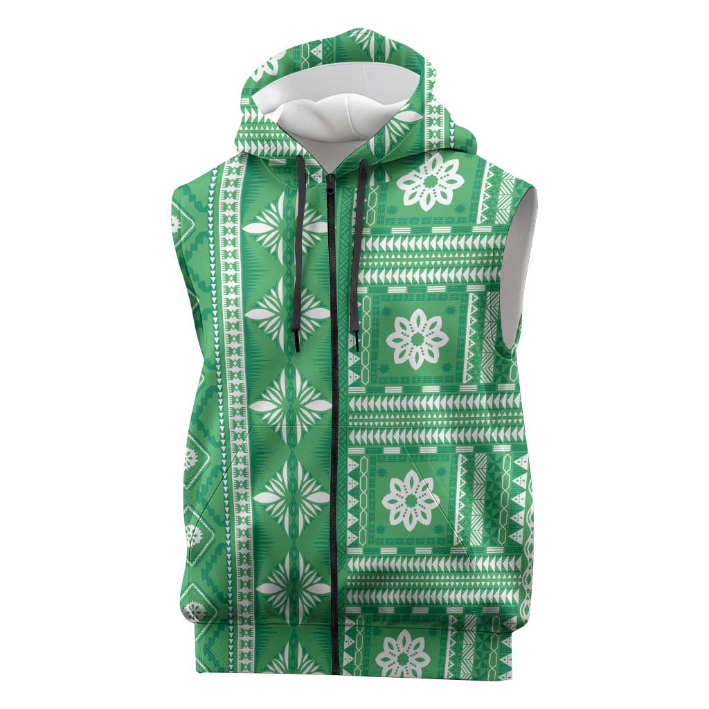 Fiji Masi All Green Sleeveless Zip Hoodie Tapa Pattern - Polynesian Pride