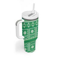 Fiji Masi All Green Tumbler With Handle Tapa Pattern - Polynesian Pride