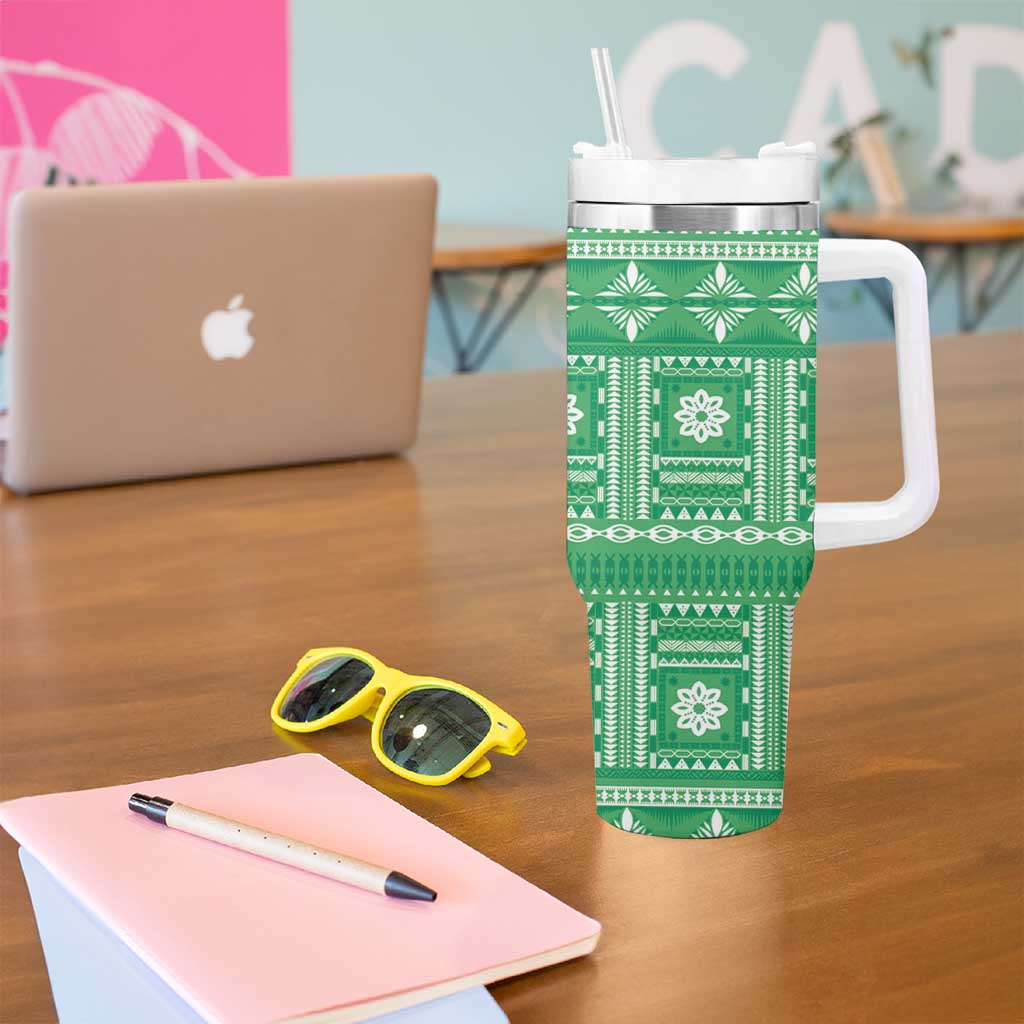 Fiji Masi All Green Tumbler With Handle Tapa Pattern - Polynesian Pride