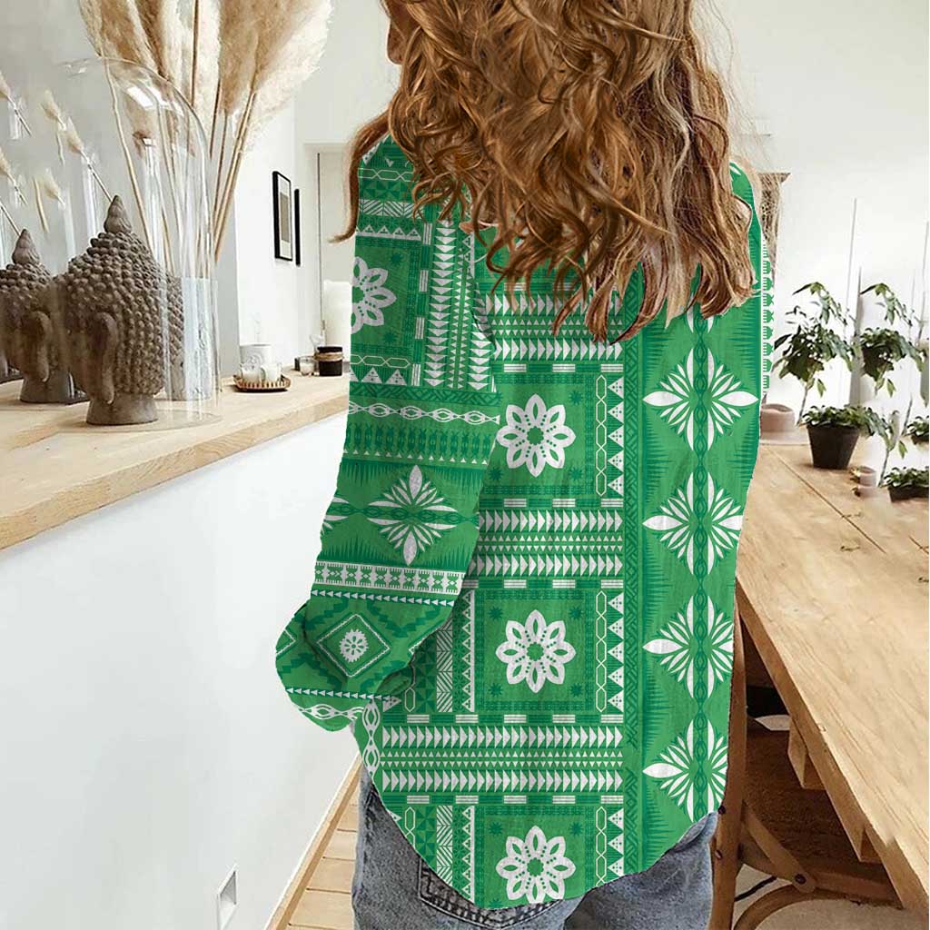 Fiji Masi All Green Women Casual Shirt Tapa Pattern - Polynesian Pride