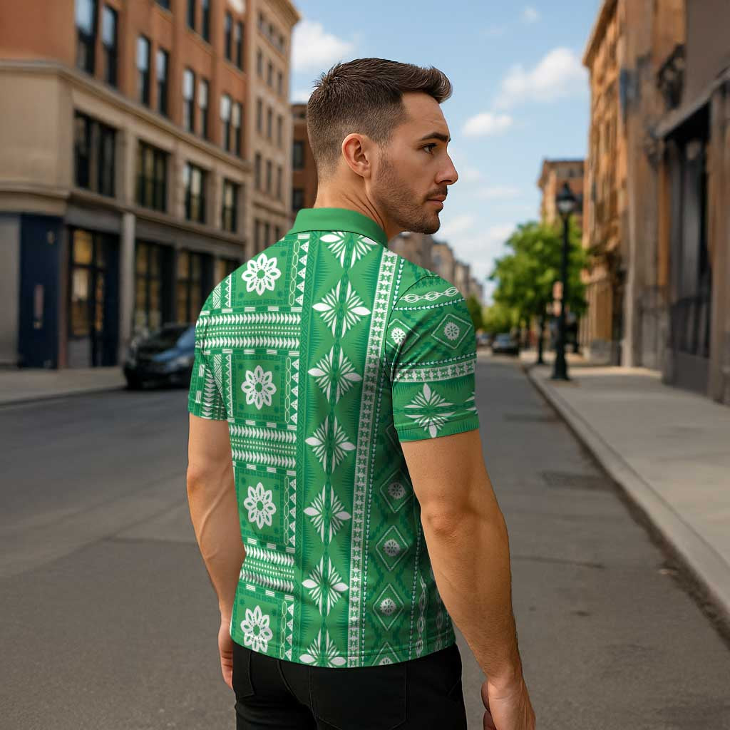 Fiji Masi All Green Zipper Polo Shirt Tapa Pattern - Polynesian Pride