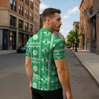 Fiji Masi All Green Zipper Polo Shirt Tapa Pattern - Polynesian Pride