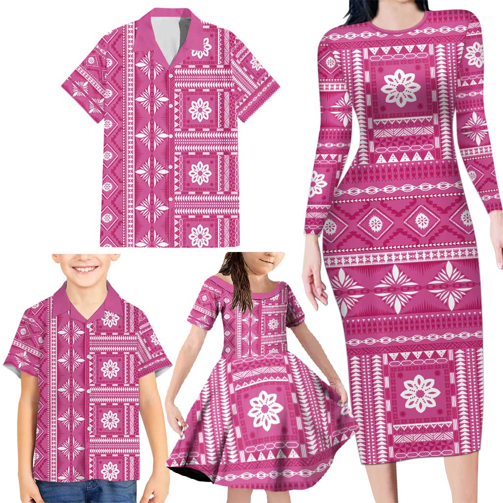 Fiji Masi All Pink Family Matching Long Sleeve Bodycon Dress and Hawaiian Shirt Tapa Pattern LT01 - Polynesian Pride