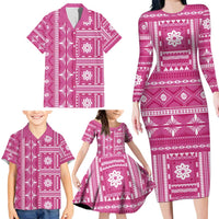 Fiji Masi All Pink Family Matching Long Sleeve Bodycon Dress and Hawaiian Shirt Tapa Pattern LT01 - Polynesian Pride