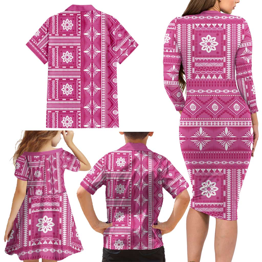 Fiji Masi All Pink Family Matching Long Sleeve Bodycon Dress and Hawaiian Shirt Tapa Pattern LT01 - Polynesian Pride
