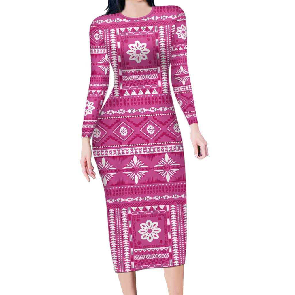 Fiji Masi All Pink Family Matching Long Sleeve Bodycon Dress and Hawaiian Shirt Tapa Pattern LT01 Mom's Dress Pink - Polynesian Pride