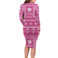 Fiji Masi All Pink Family Matching Long Sleeve Bodycon Dress and Hawaiian Shirt Tapa Pattern LT01 - Polynesian Pride