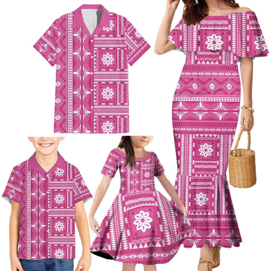 Fiji Masi All Pink Family Matching Mermaid Dress and Hawaiian Shirt Tapa Pattern LT01 - Polynesian Pride