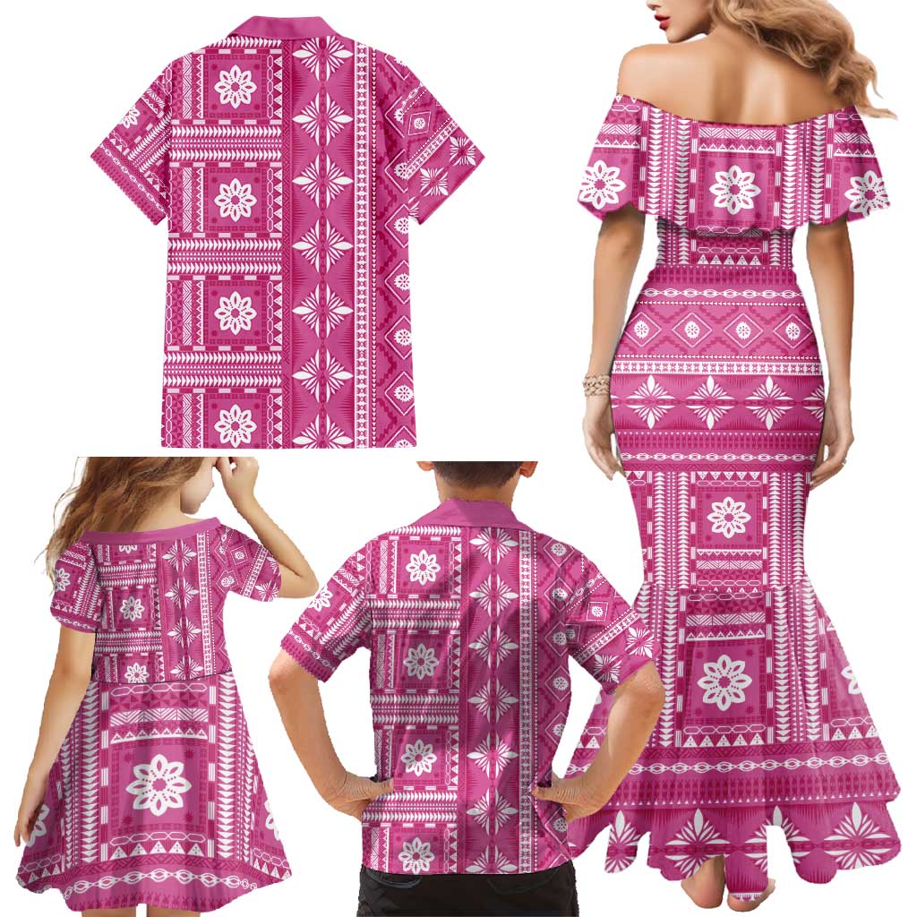 Fiji Masi All Pink Family Matching Mermaid Dress and Hawaiian Shirt Tapa Pattern LT01 - Polynesian Pride
