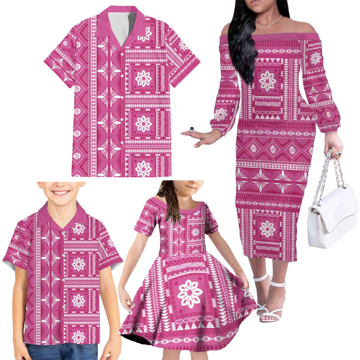 Fiji Masi All Pink Family Matching Off The Shoulder Long Sleeve Dress and Hawaiian Shirt Tapa Pattern LT01 - Polynesian Pride