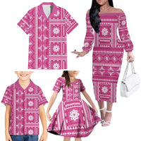 Fiji Masi All Pink Family Matching Off The Shoulder Long Sleeve Dress and Hawaiian Shirt Tapa Pattern LT01 - Polynesian Pride