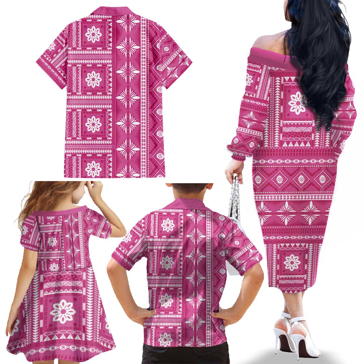 Fiji Masi All Pink Family Matching Off The Shoulder Long Sleeve Dress and Hawaiian Shirt Tapa Pattern LT01 - Polynesian Pride