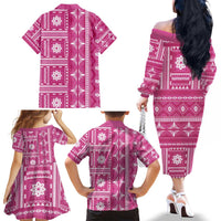 Fiji Masi All Pink Family Matching Off The Shoulder Long Sleeve Dress and Hawaiian Shirt Tapa Pattern LT01 - Polynesian Pride