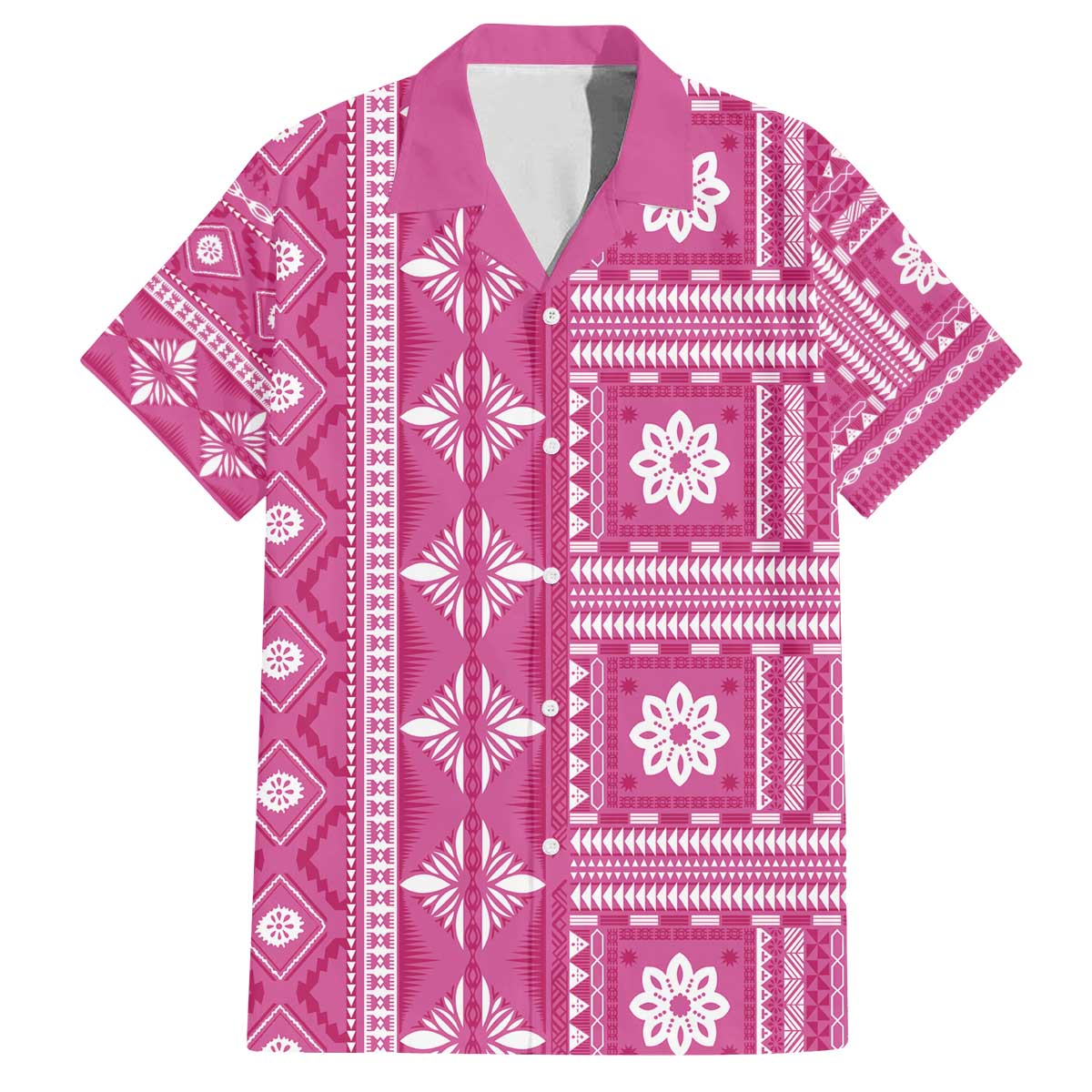 Fiji Masi All Pink Family Matching Off The Shoulder Long Sleeve Dress and Hawaiian Shirt Tapa Pattern LT01 Dad's Shirt - Short Sleeve Pink - Polynesian Pride