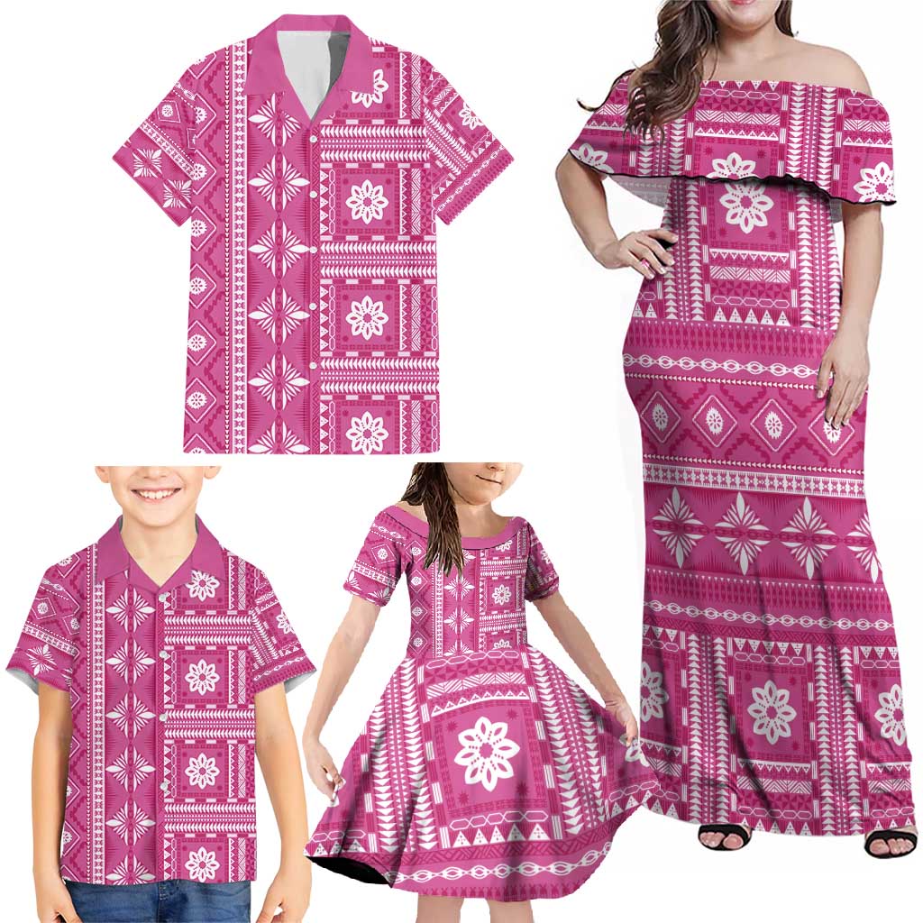 Fiji Masi All Pink Family Matching Off Shoulder Maxi Dress and Hawaiian Shirt Tapa Pattern LT01 - Polynesian Pride