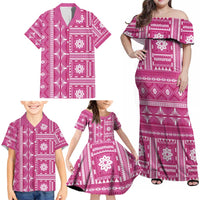 Fiji Masi All Pink Family Matching Off Shoulder Maxi Dress and Hawaiian Shirt Tapa Pattern LT01 - Polynesian Pride
